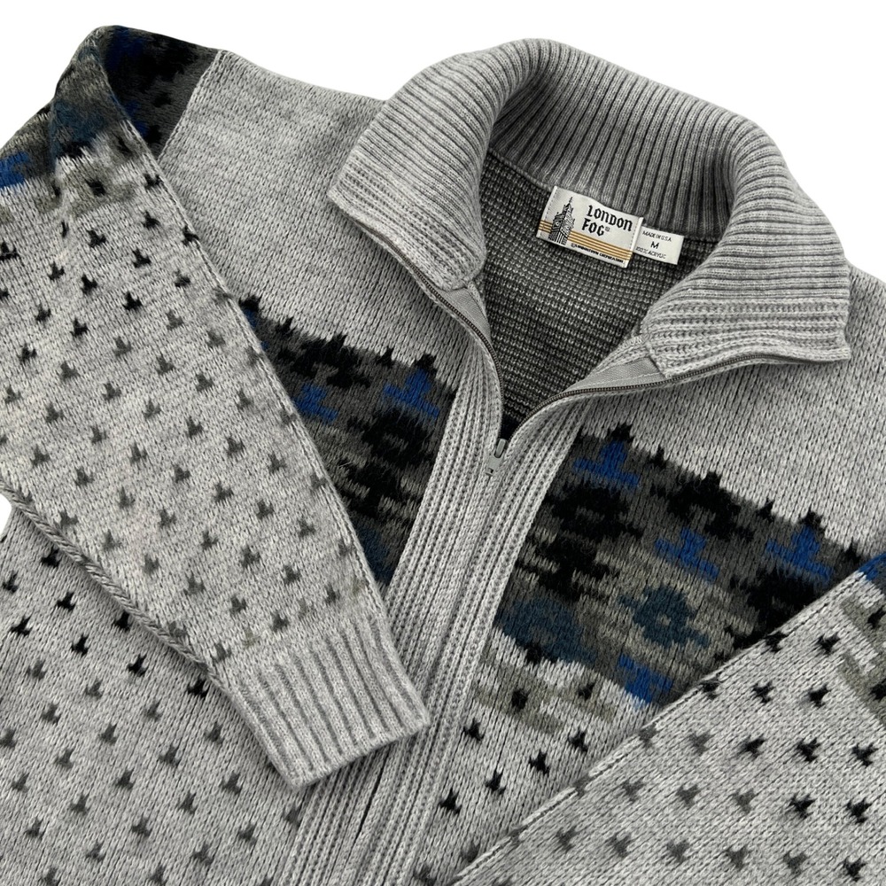 VTG 80s London Fog Fair Isle Full Zip Sweater Men M Gray Acrylic USA Made Nordic